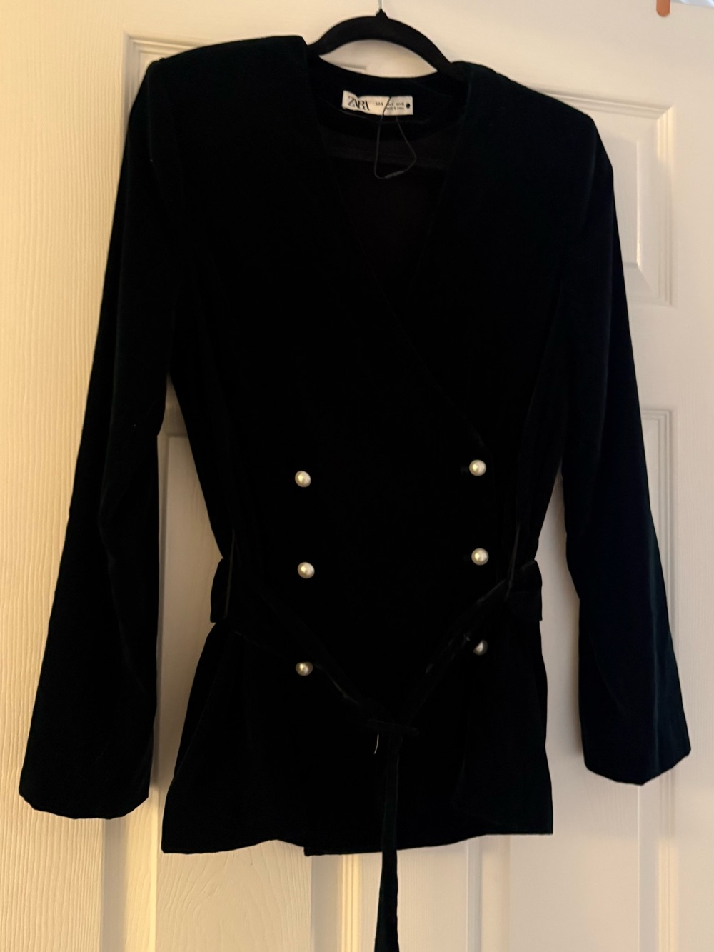 NWOT ZARA Green Velvet Belted Blazer - Picture 6 of 8